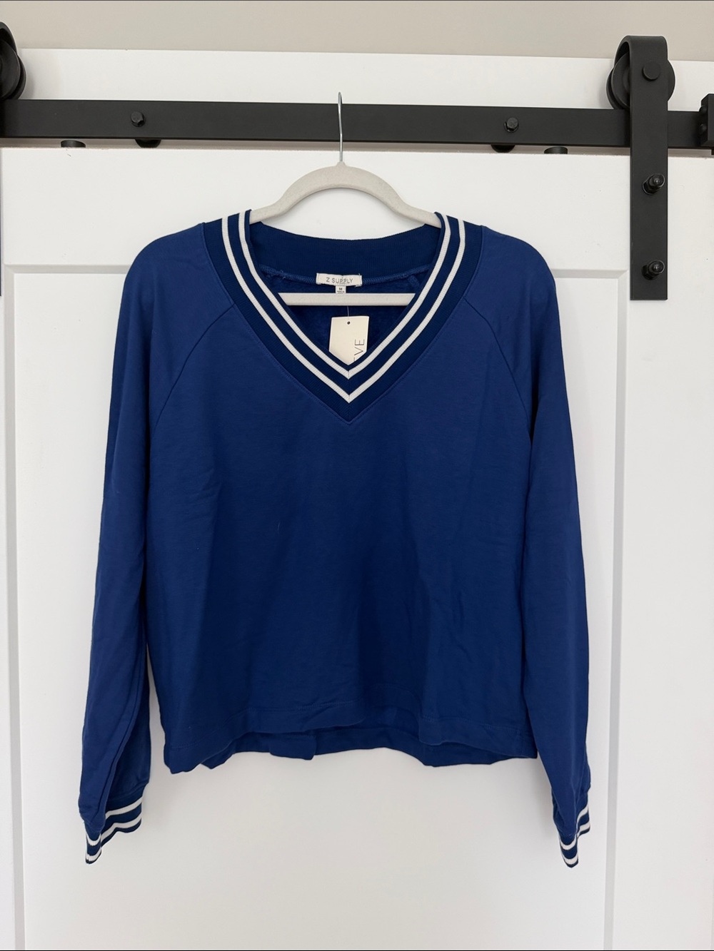 Z Supply Blue V-Neck Sweater with White Stripe Trim